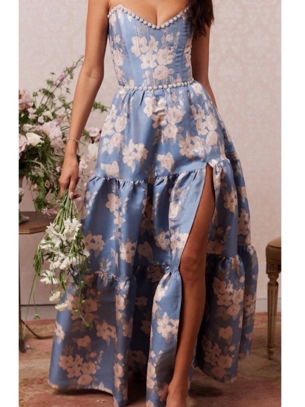 V. Chapman Vivian Dress in Victorian Dusk Blue Rose Brocade - size 6